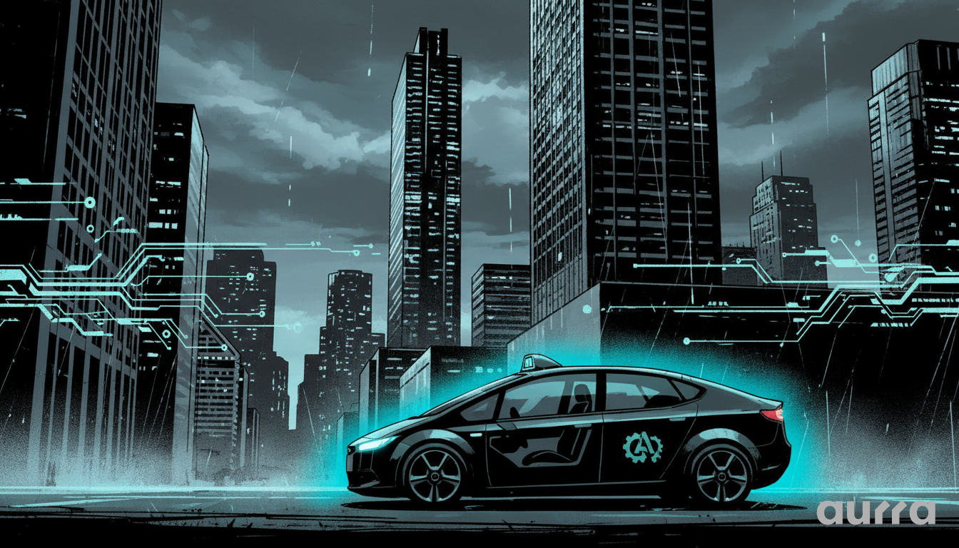 Noir illustration of a sleek, black autonomous vehicle with a glowing cyan aura driving through a rainy city, symbolizing Tesla's driverless Robotaxi tests.