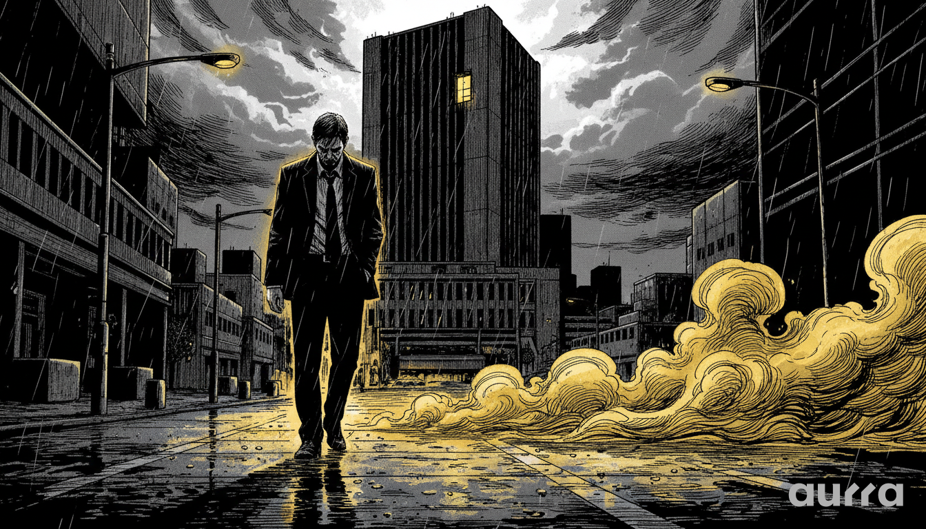 Noir illustration of a trader fleeing a massive yellow wave in front of the BOJ building, symbolizing the relentless pressure of Japan's 44-month inflation streak.