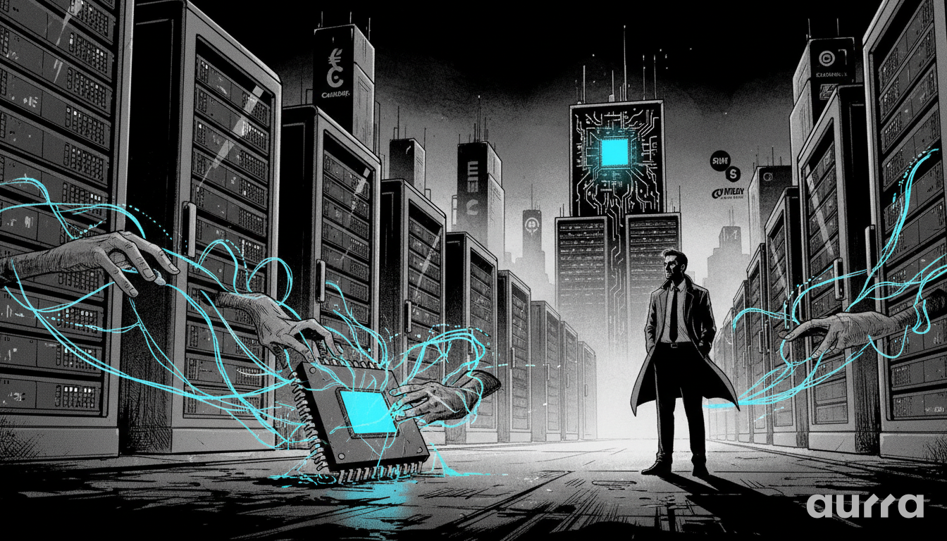 Illustration of an investor in a dark server room watching ghostly hands reach for a glowing blue AI microchip on the floor.