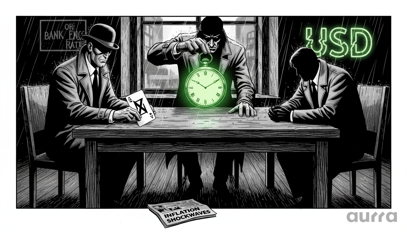 Noir illustration of three figures at a table under a glowing "USD" sign and a clock, reading an "INFLATION SHOCKWAVES" newspaper, symbolizing central bank policy divergence.