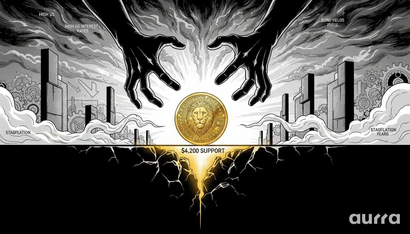 Illustration of giant shadowy hands reaching down toward a gold coin with a lion face, resting on a glowing crack labeled $4,200 SUPPORT, surrounded by a city and storm clouds.