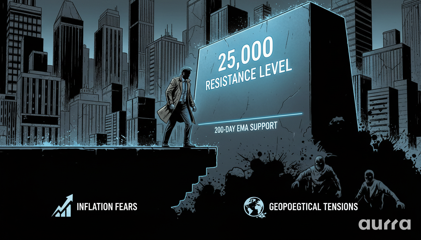 Noir-style illustration of a tech-themed stock chart trapped between a glowing blue 25,000 ceiling and a 24,130 floor, symbolizing the consolidation phase of the index amidst inflation fears.