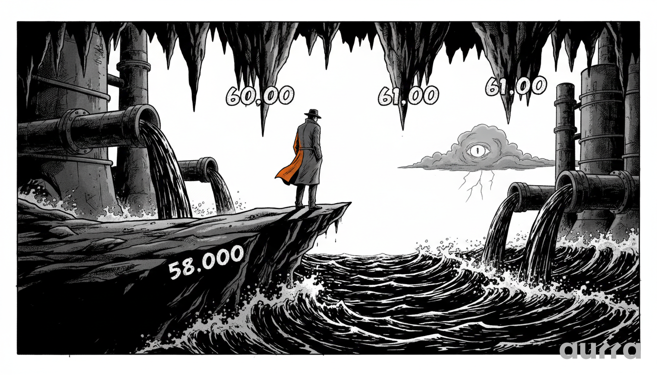 Noir illustration of oil pipelines flowing into a sea with floating price levels "$58.000" and "$61.00", symbolizing the WTI Crude Oil trading range.