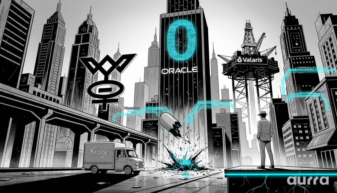 Noir-style illustration of a city street featuring a tower labeled "ORACLE," an offshore oil rig labeled "VALARIS," a "Kroger" delivery truck, and a large broken pill in the foreground, representing the diverse mix of premarket stock movers.
