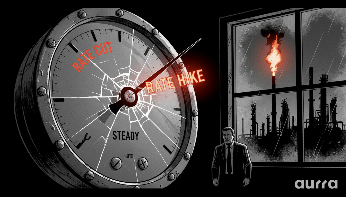 Illustration of a broken pressure gauge pointing to RATE HIKE in glowing red next to a window showing a burning oil refinery with a worried man watching.