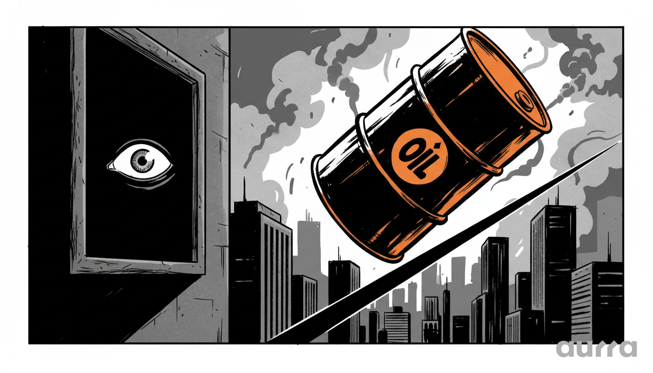 Noir-style illustration of an oil barrel floating ominously outside a window where a large eye watches, set against a backdrop of smoke, representing the market's intense focus on geopolitical risks driving oil prices.