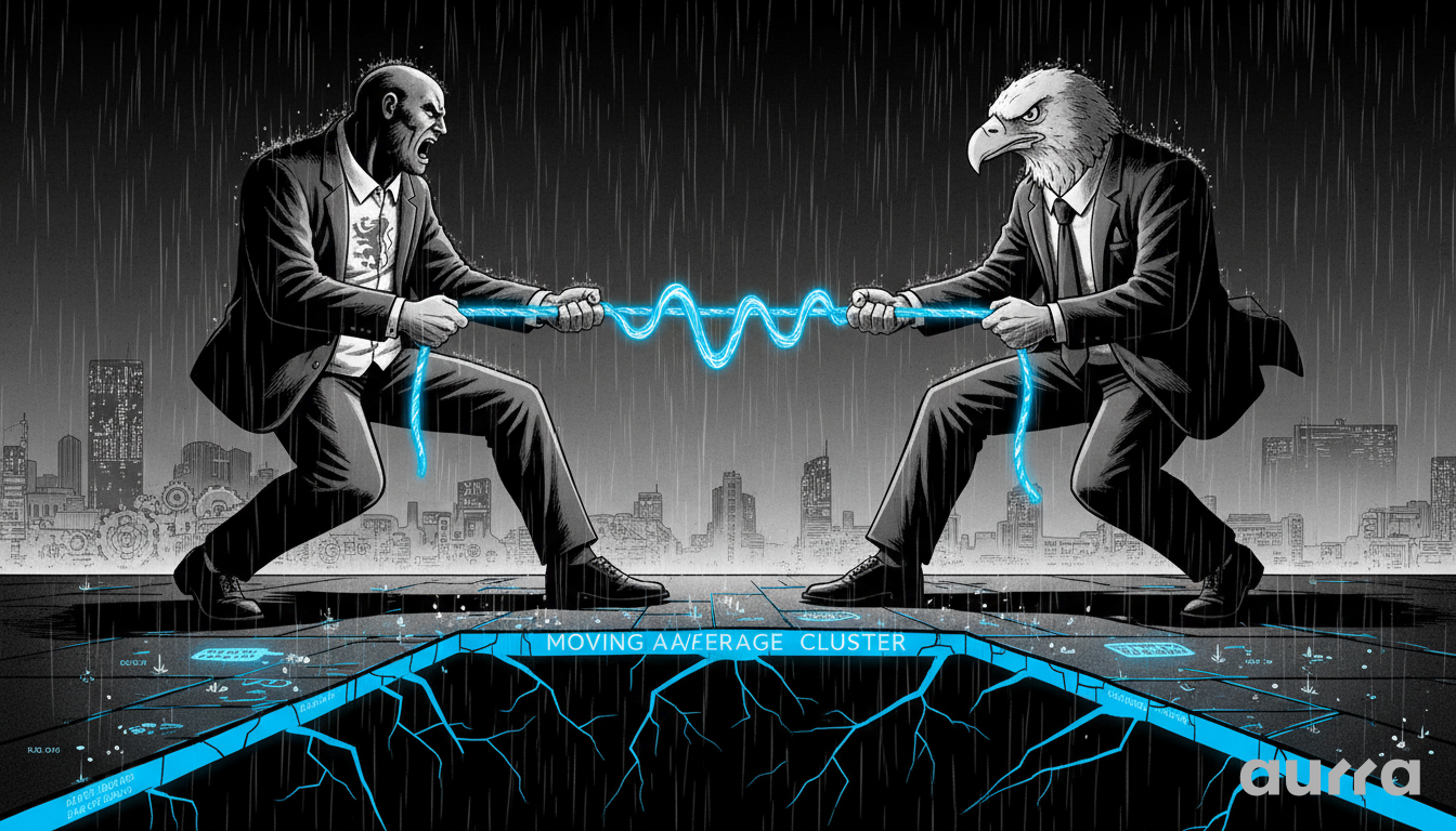 Illustration of a tug-of-war between a human and an eagle figure representing the GBP/USD exchange rate battle. They pull a glowing blue rope over a cracking surface labeled Moving Average Cluster with the Aurra Markets logo in the corner.