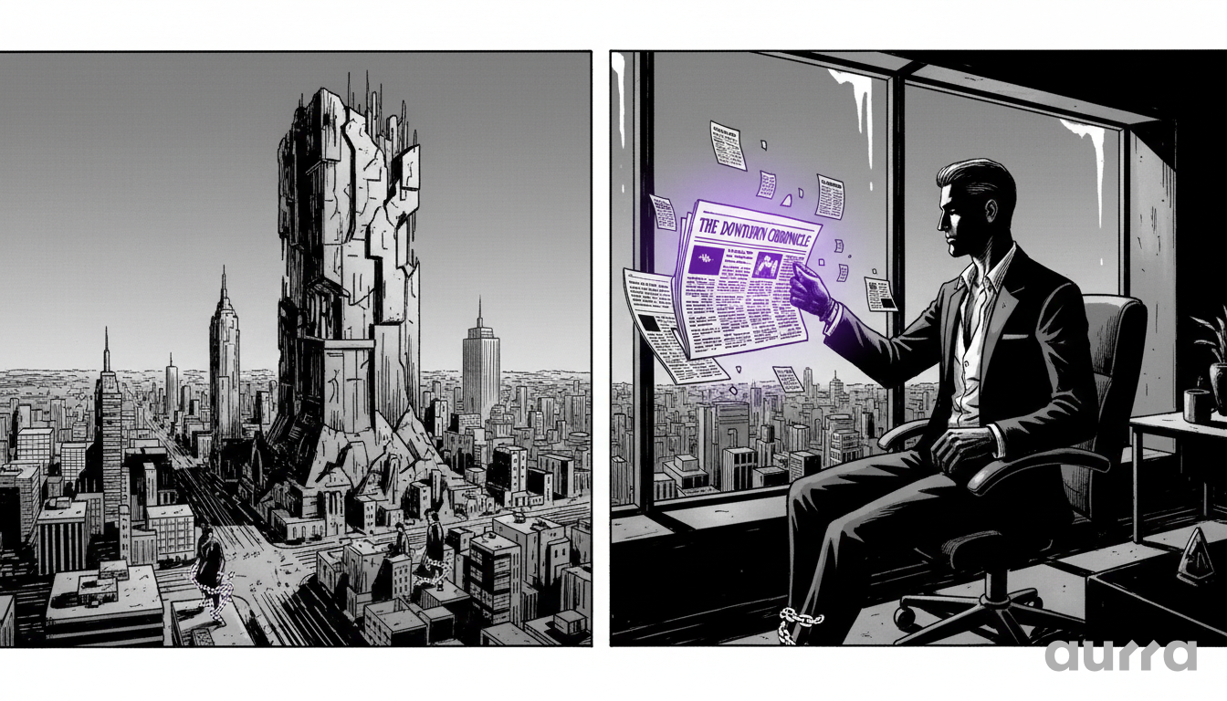 A split-pane illustration featuring a futuristic skyscraper on the left and a man in a suit reading a glowing "The Downtown Chronicle" newspaper on the right, symbolizing Morning Squawk market insights.