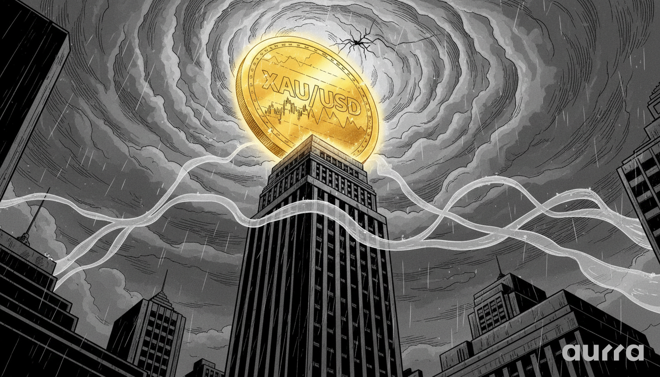 Noir illustration of multiple hands reaching up the sides of a glowing golden pyramid under a stormy sky, symbolizing the aggressive market rush for Gold at all-time highs.