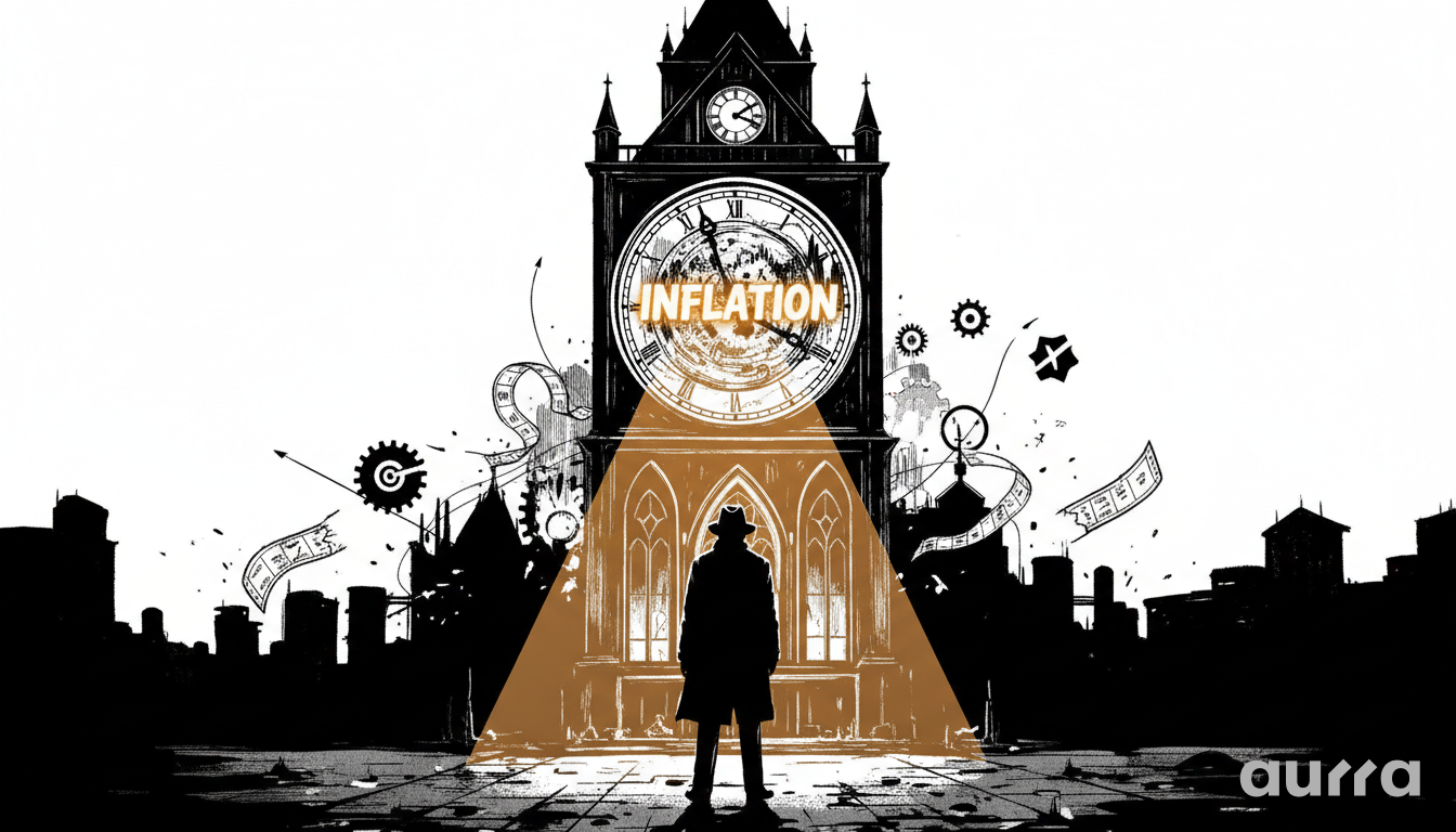 A man in a trench coat and hat standing in front of a giant, glowing clock tower labeled "INFLATION" against a dark city silhouette.