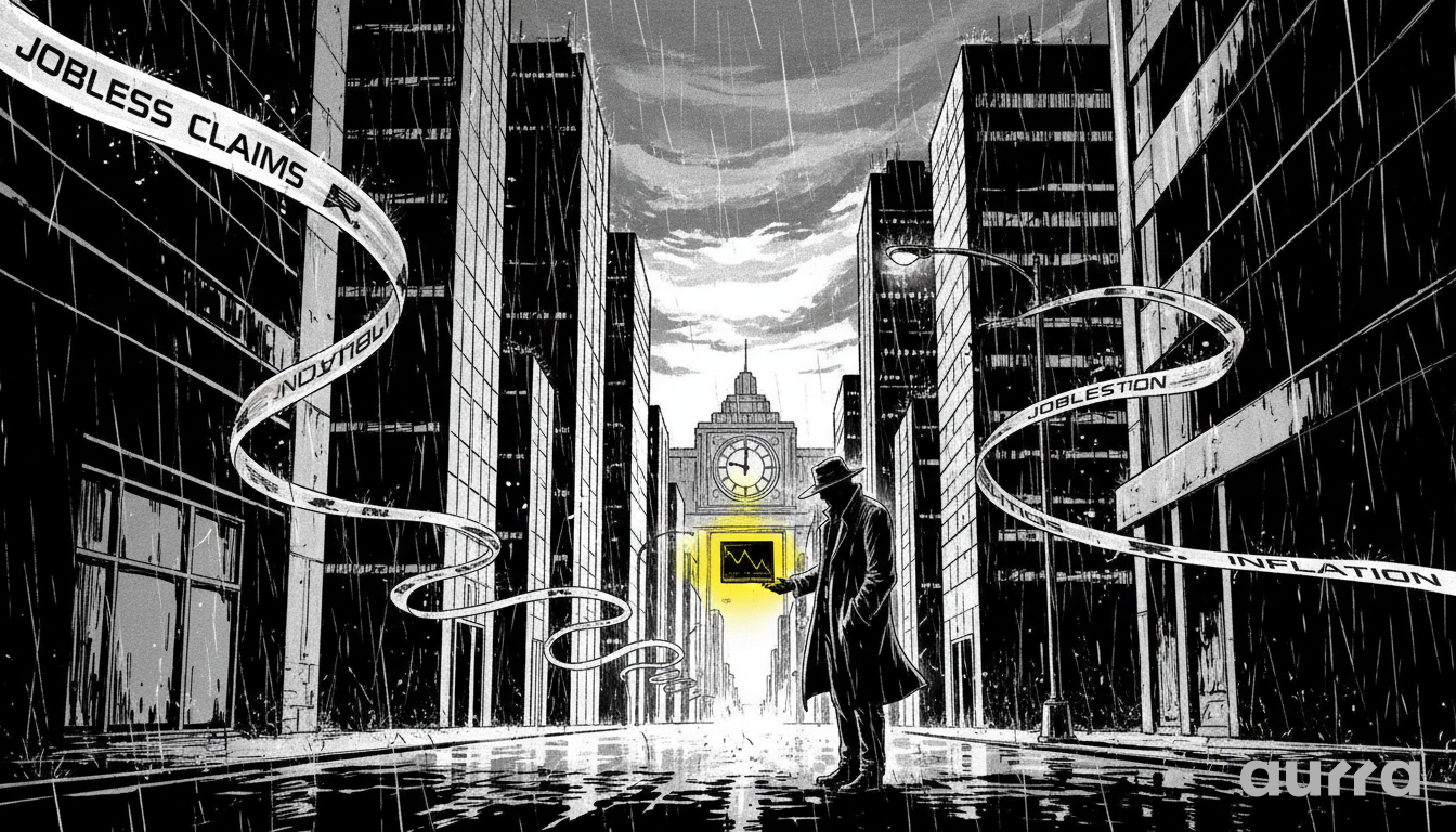 Illustration of an investigator in a trench coat looking at a glowing yellow stock chart in a rainy city, surrounded by floating ticker tape reading JOBLESS CLAIMS and INFLATION.