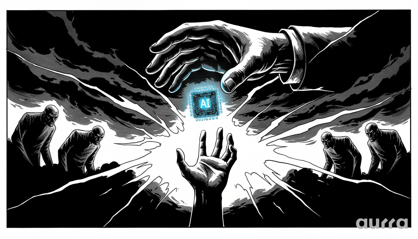 Noir illustration of a hand holding a glowing "AI" chip above grasping figures, symbolizing the controversial sale of advanced technology to foreign powers.