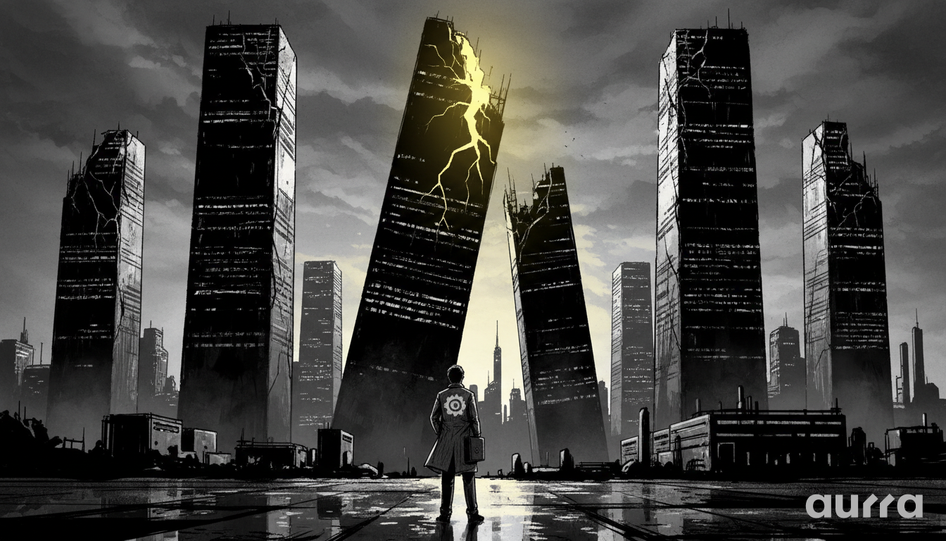 Noir-style illustration of crumbling skyscrapers displaying the logos of the Magnificent Seven tech giants, leaking toxic green sludge from their foundations, symbolizing the financial strain and market sell-off impacting the tech sector.