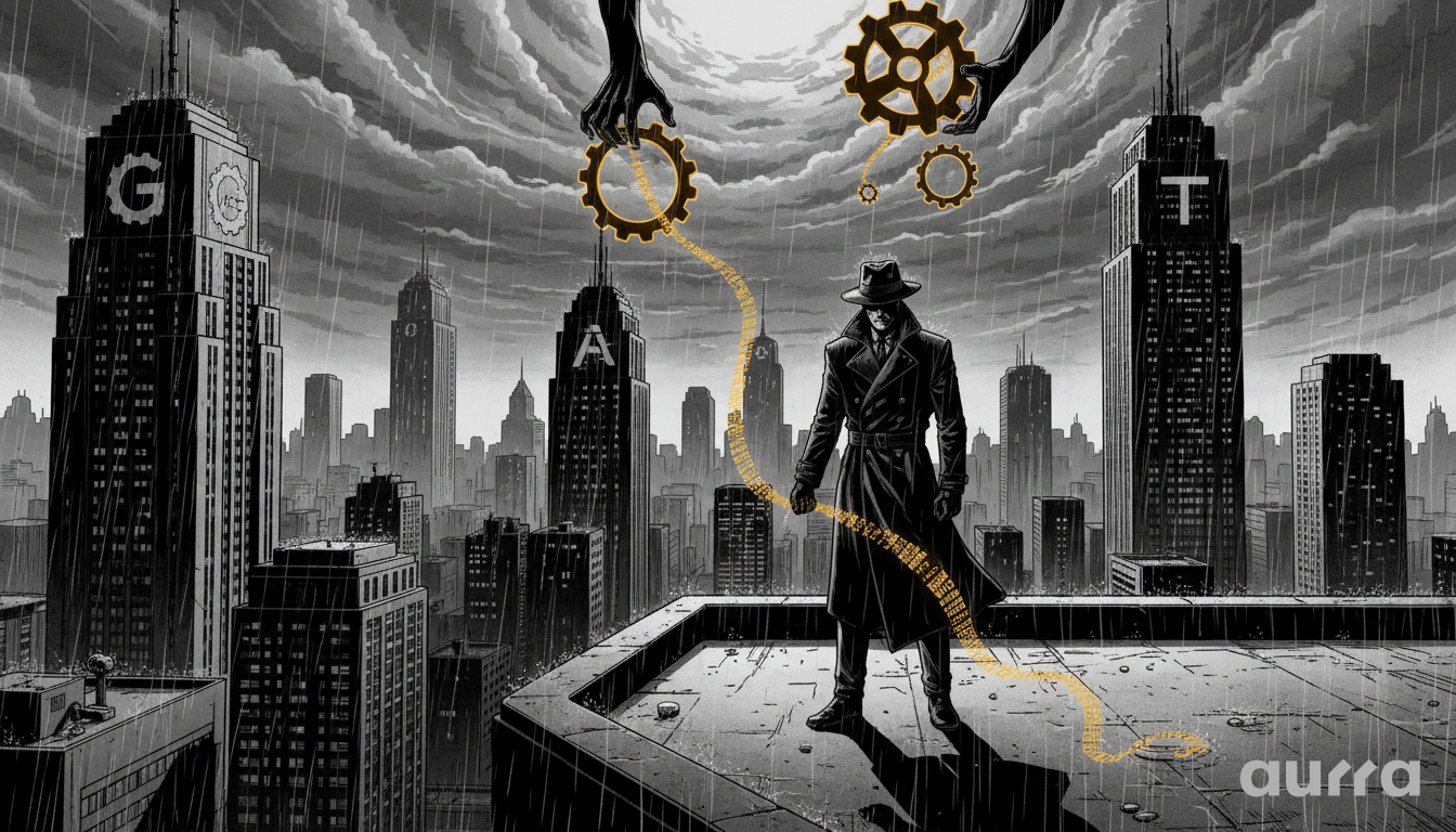 Noir-style illustration of a stock ticker displaying "S&P 500" flatlining, with the logos of Apple, Microsoft, and Meta glowing ominously in the background, representing the market's anticipation of Big Tech earnings.