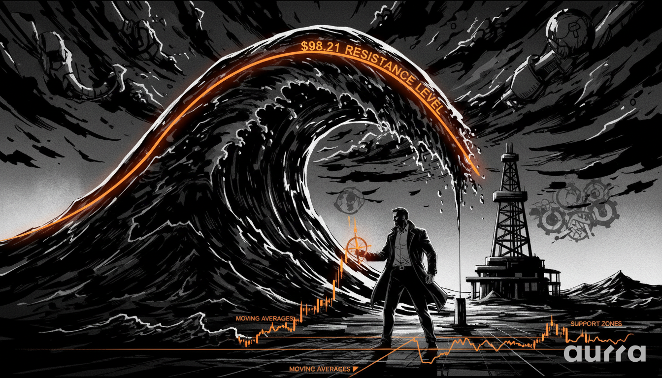 Illustration of an investor holding a glowing compass before a massive dark oil wave forming an orange trend line labeled $98.21 RESISTANCE LEVEL.