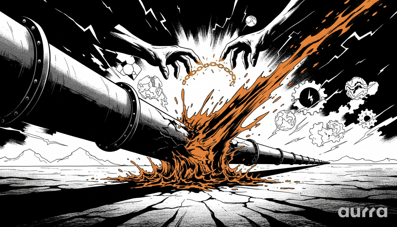 Illustration of a large broken pipeline erupting with orange oil in a barren landscape. Two giant dark hands pull apart a broken chain above the rupture, surrounded by floating gears, globes, and lightning strikes under a stormy sky.