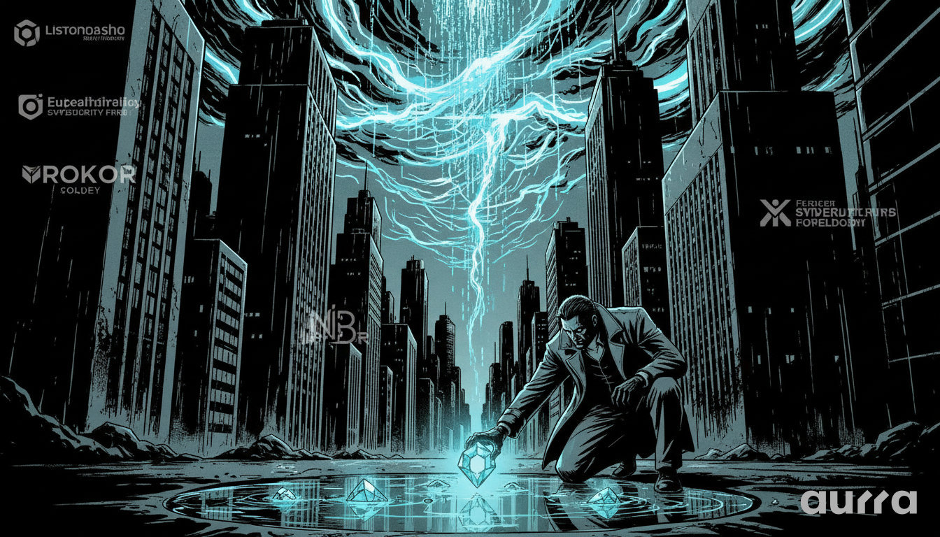 Noir-style illustration of a trader kneeling in a dark city street to pick up glowing blue digital gems left behind by a massive cyber storm overhead, symbolizing investors finding value and buying the dip in oversold tech stocks.