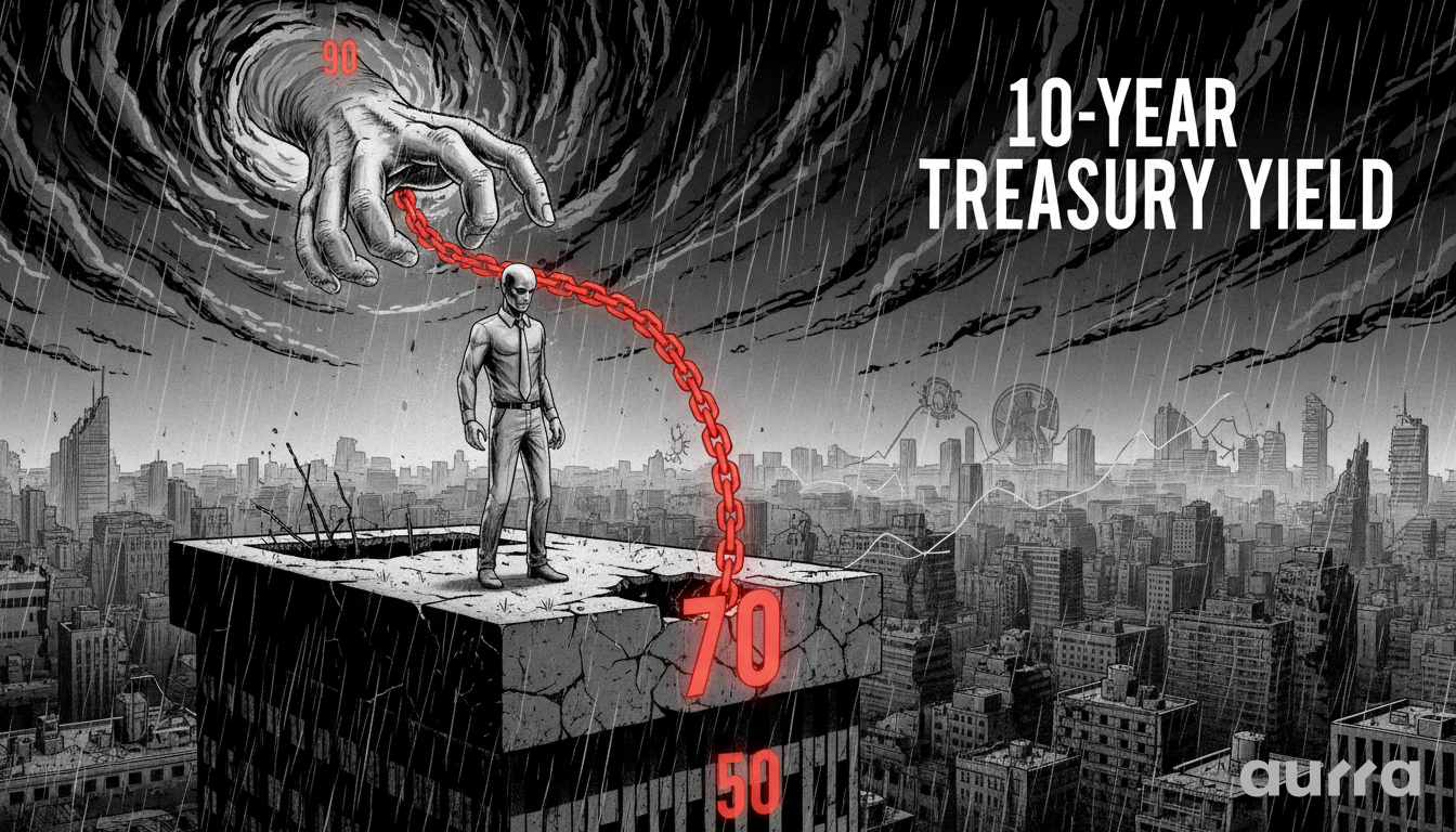 Illustration of a suited man standing on a fractured rooftop marked 70, chained by the neck to a giant hand reaching from a dark storm portal marked 90. The numbers 50 appear on the building's lower levels, with the text 10-YEAR TREASURY YIELD in the rainy, ruined city background.