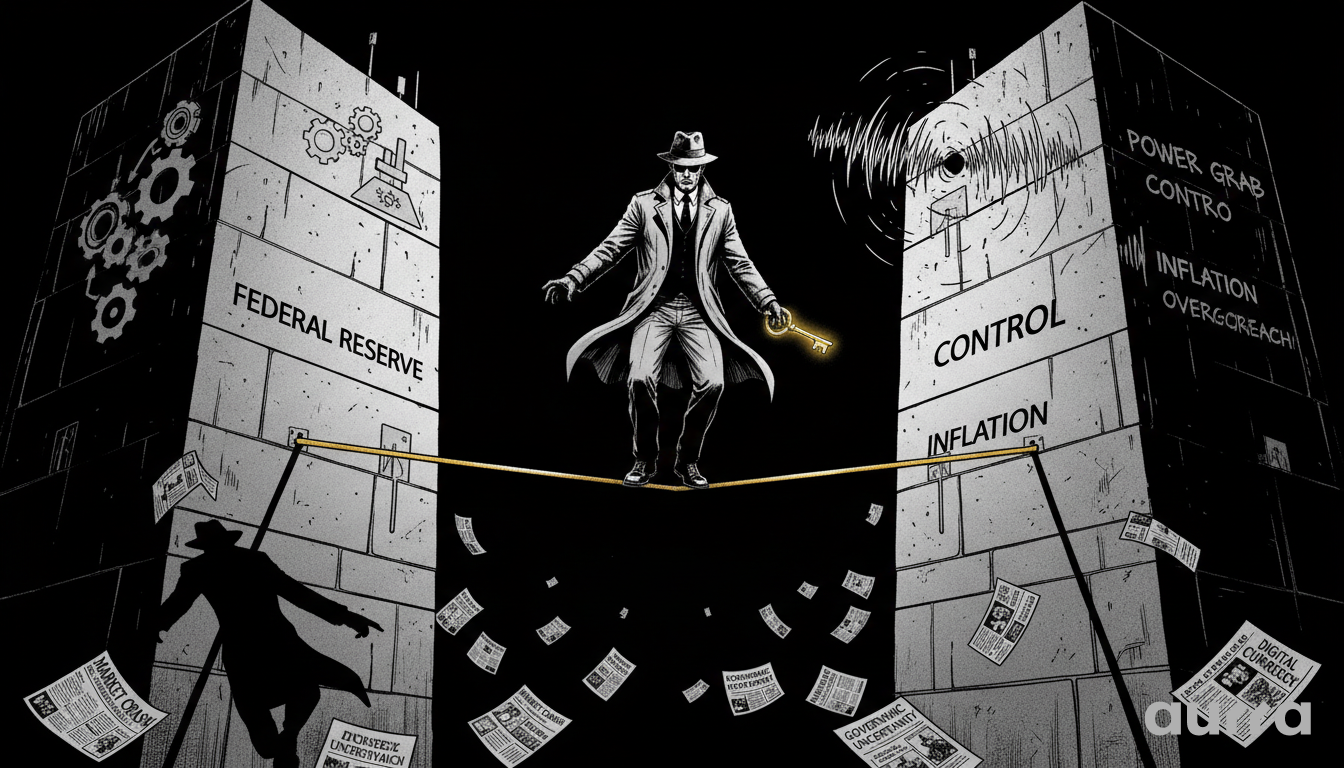 Noir illustration of a detective balancing on a tightrope between walls labeled "FEDERAL RESERVE" and "CONTROL", holding a glowing key to independence.