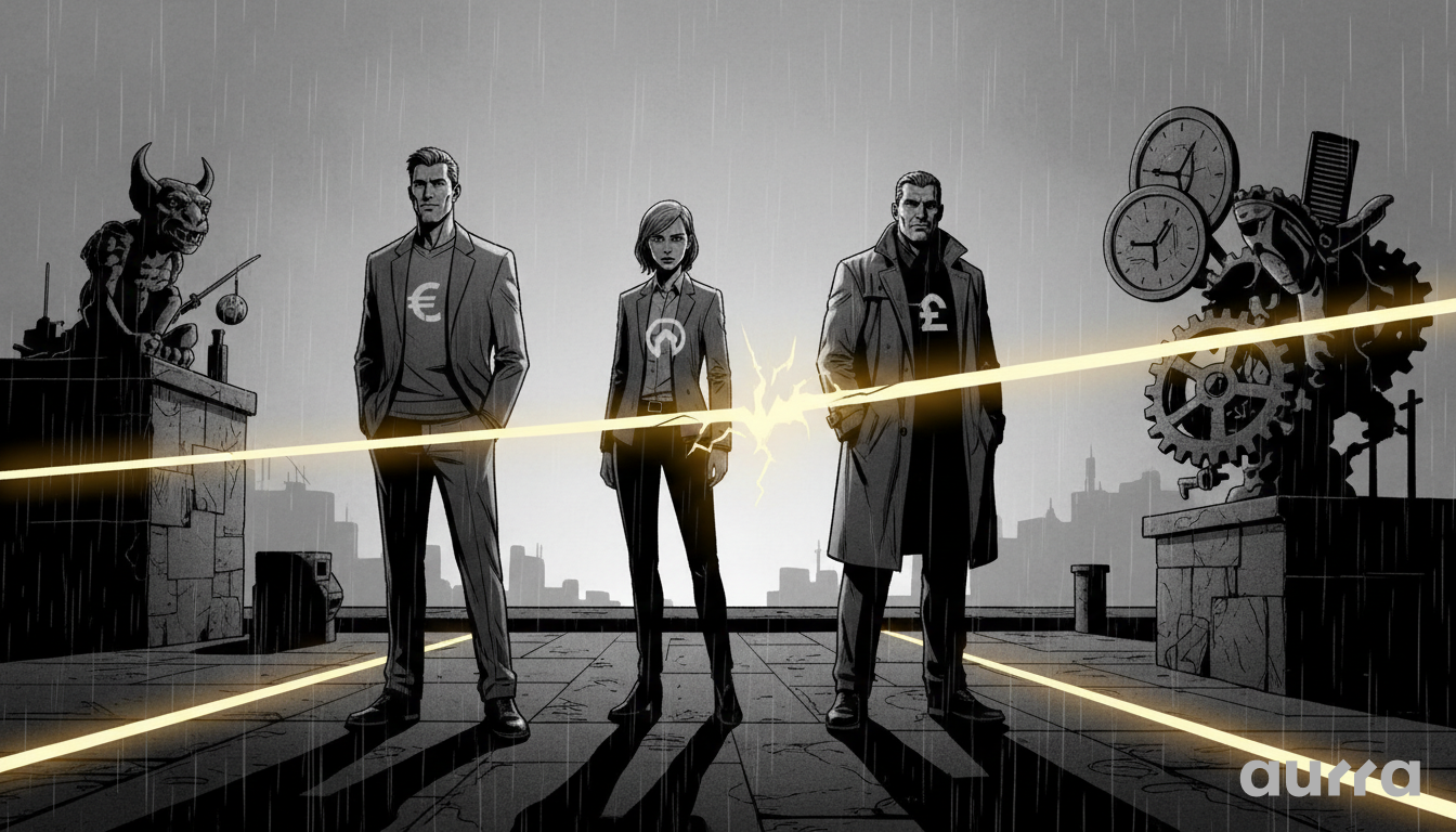 Noir-style illustration of three figures representing major global currencies standing on a rooftop, constrained behind a glowing yellow horizontal line, symbolizing the consolidation phase of the forex market.