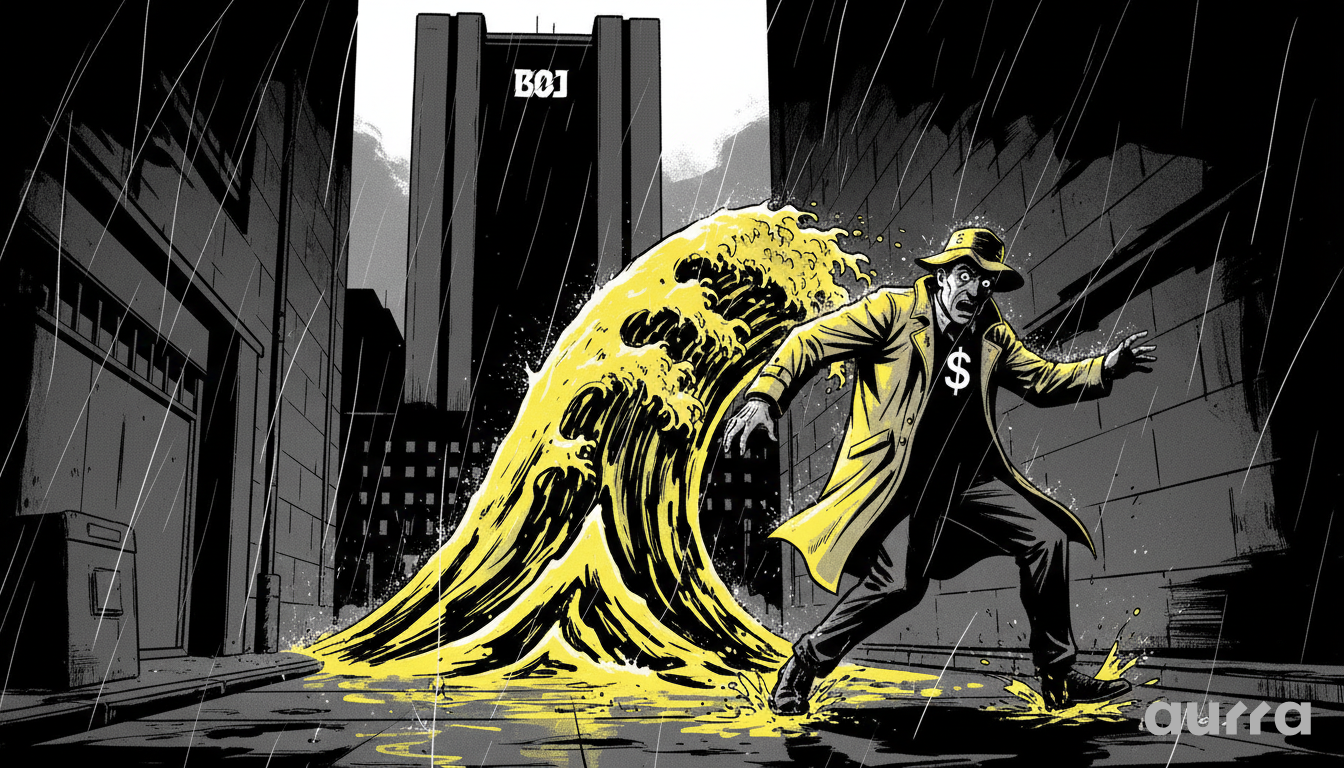 Illustration of a trader fleeing a giant yellow wave in front of the BOJ building, symbolizing the market shock from the Bank of Japan's hawkish policy.