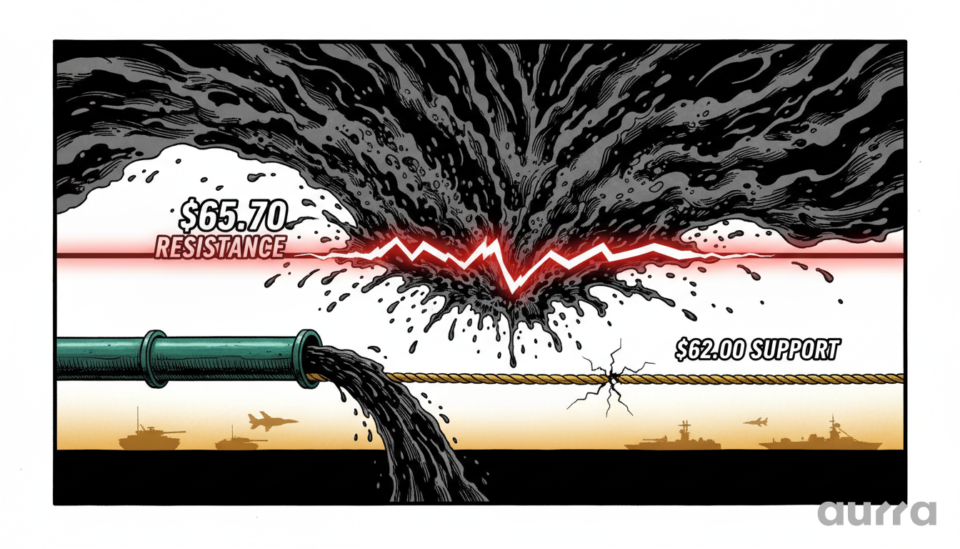 Conceptual illustration of crude oil price action showing a jagged market line between $65.70 resistance and $62.00 support, with military silhouettes representing geopolitical risk.