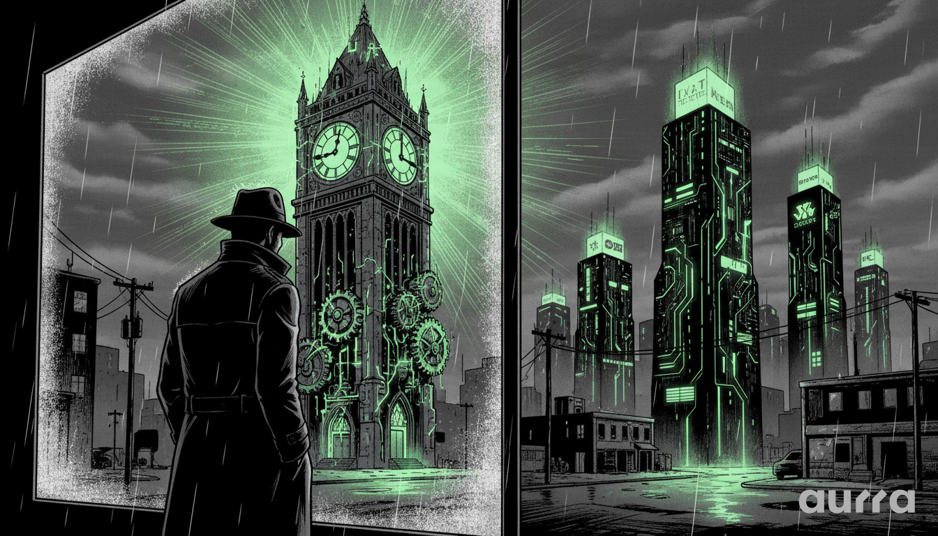 Split scene illustration: A detective watching a clock tower (Fed policy timing) alongside a futuristic city (Nvidia tech rally).