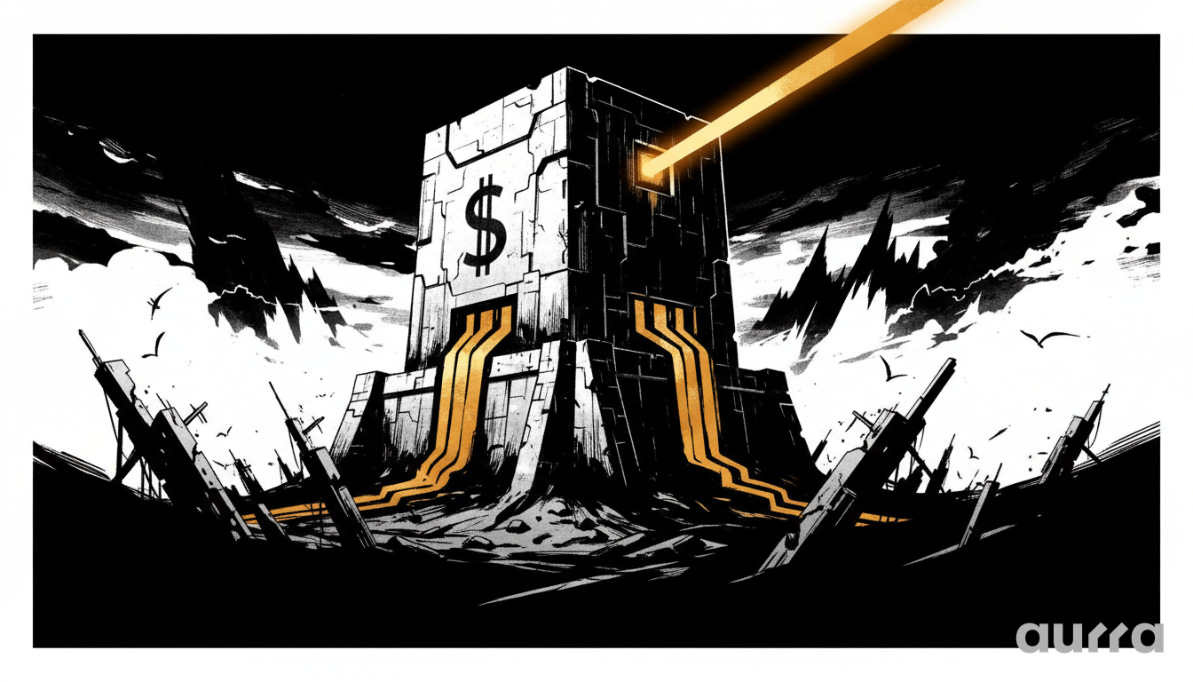 Illustration of a massive stone fortress with a dollar sign, emitting a gold laser beam and gold liquid flowing down cables into a dark, ruined landscape.