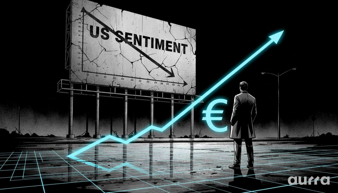 Illustration of a man in a trench coat looking at a large, cracked billboard displaying the text US SENTIMENT with a downward black arrow. In the foreground, a glowing blue line graph shoots upward alongside a glowing Euro symbol.
