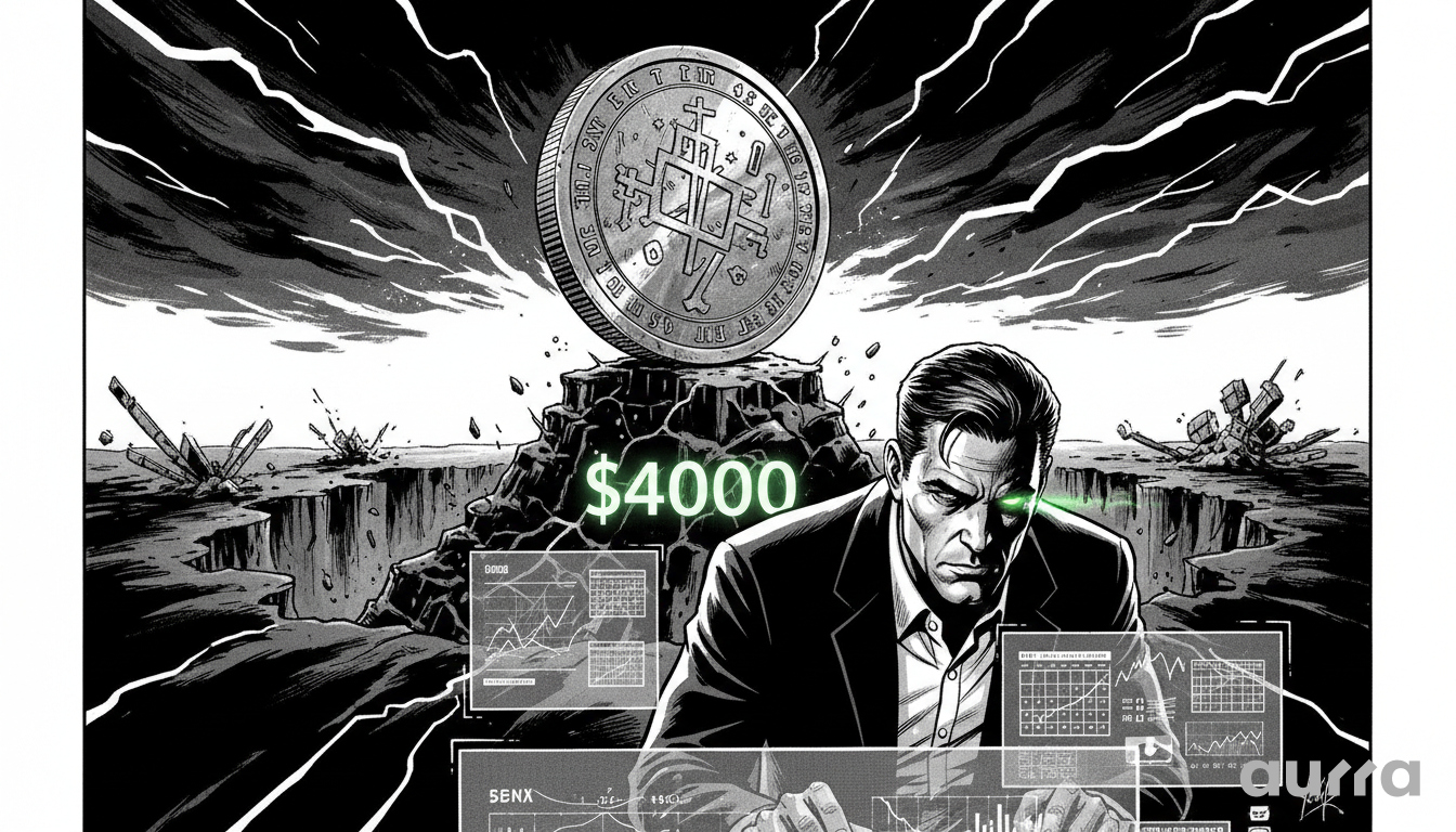 Illustration of a trader watching Gold (XAU/USD) charts, with a large coin on a peak and the price $4000 highlighted.