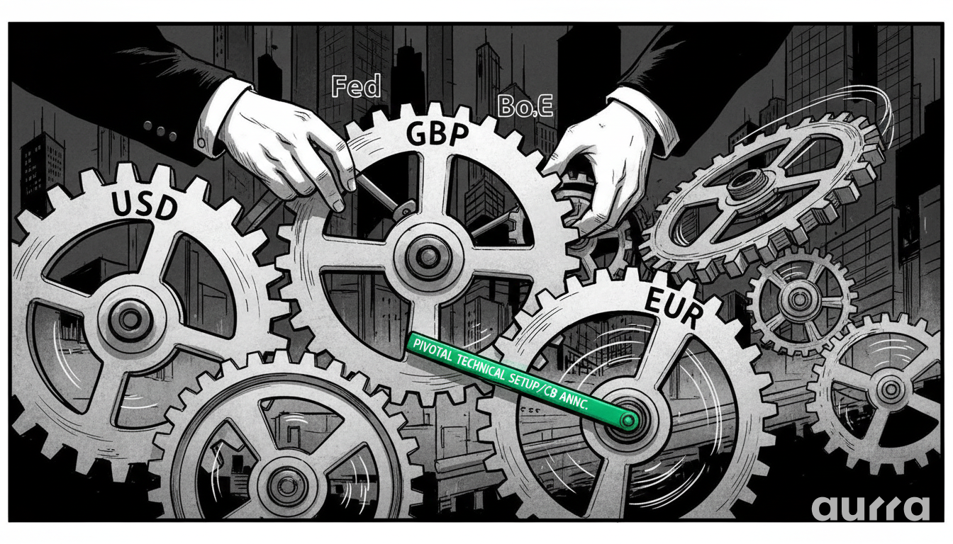 Hands adjusting gears labeled USD, GBP, EUR, and Fed, representing central bank influence on Forex.