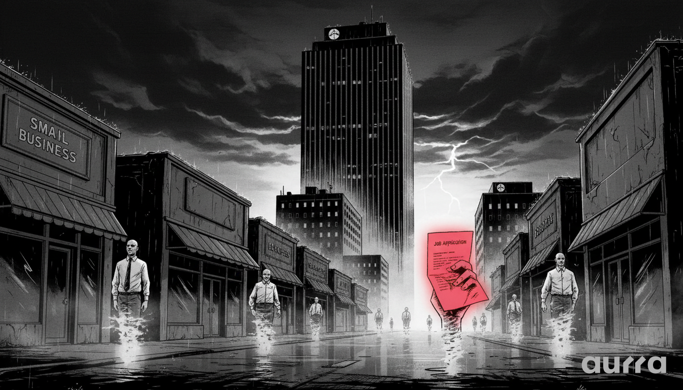 Noir illustration of a hand holding a red job application slip amidst fading workers and "Small Business" storefronts, symbolizing the job market decline.