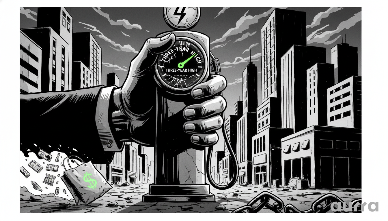 Noir-style illustration of a large hand holding a gas pump nozzle with a dial reading THREE-YEAR HIGH in green. A paper shopping bag with a green dollar sign spills groceries nearby, symbolizing the impact of rising energy costs on consumer prices. Optimized SEO Category Tags: Market News, US inflation data, consumer prices, CPI report, three-year high, energy costs, supply chain, market volatility, Federal Reserve.