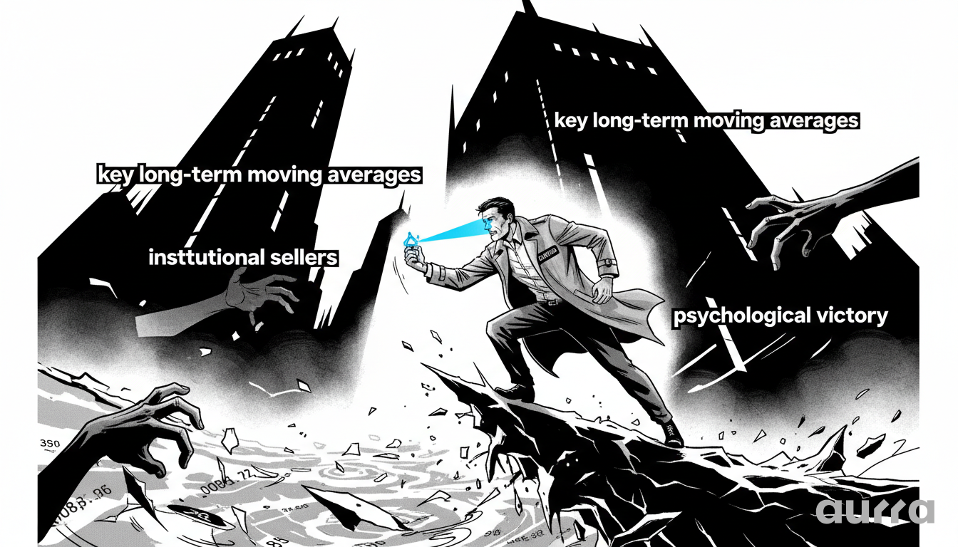 Illustration of a trader leaping across a gap to avoid institutional sellers and pass key long-term moving averages for a psychological victory.