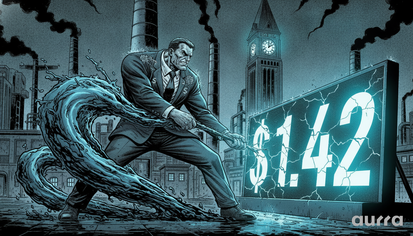 A sketch drawing in image_e8f8d5.jpg showing a man in a suit pulling a thick stream of oil like a rope away from a glowing $1.42 sign, with industrial smokestacks and a clock tower in the background.