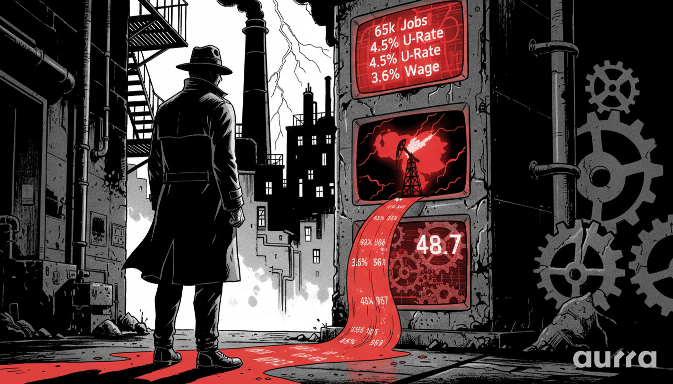 Noir-style illustration of a detective looking at screens displaying "65k Jobs", a map of Venezuela with an oil rig, and "48.7" on a ticker tape, representing the week's top market news.