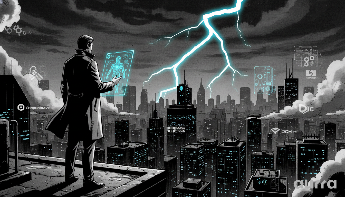 Futuristic illustration of an investor overlooking a digital city struck by lightning, symbolizing the volatility and opportunity in localized technology stocks.