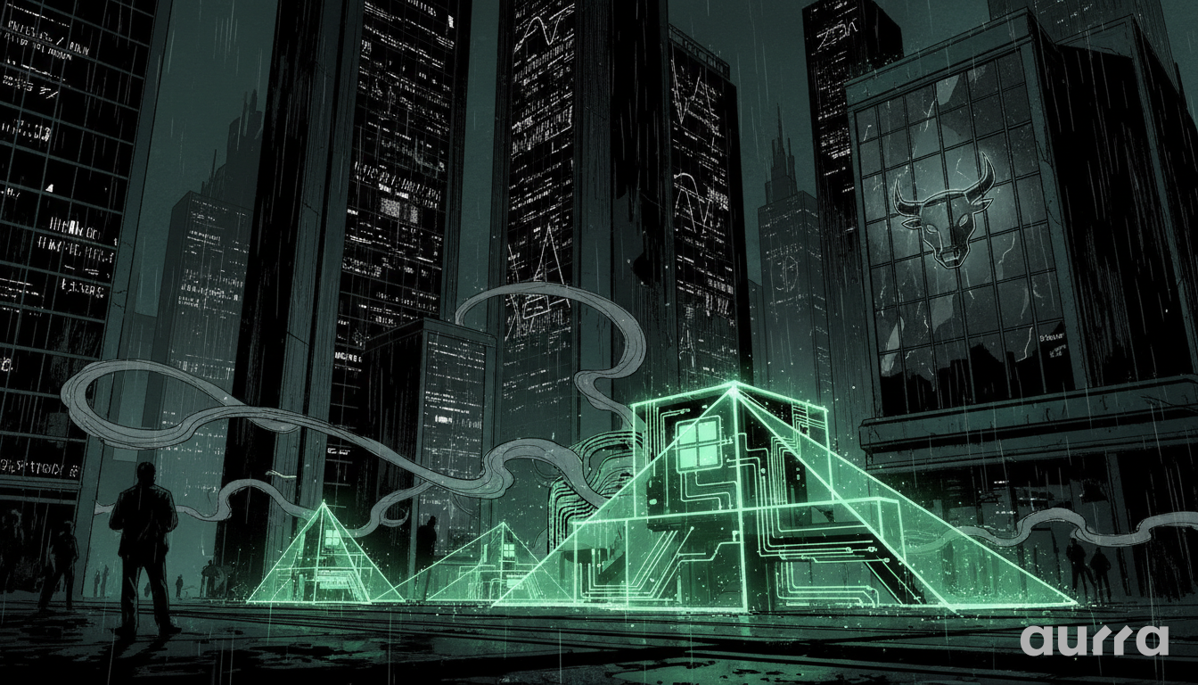 Noir-style illustration of a futuristic city illuminated by green digital grid lines, with a large neon Bull head logo on a skyscraper, representing the resilience of the tech-heavy Nasdaq index.