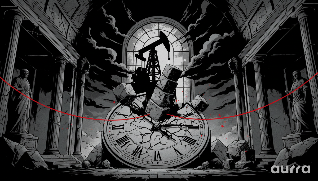 Illustration of a giant cracked clock face being smashed by falling stone blocks inside a dark temple. An oil pumpjack stands in the background under stormy clouds, while a bright red curved line cuts horizontally across the entire scene.