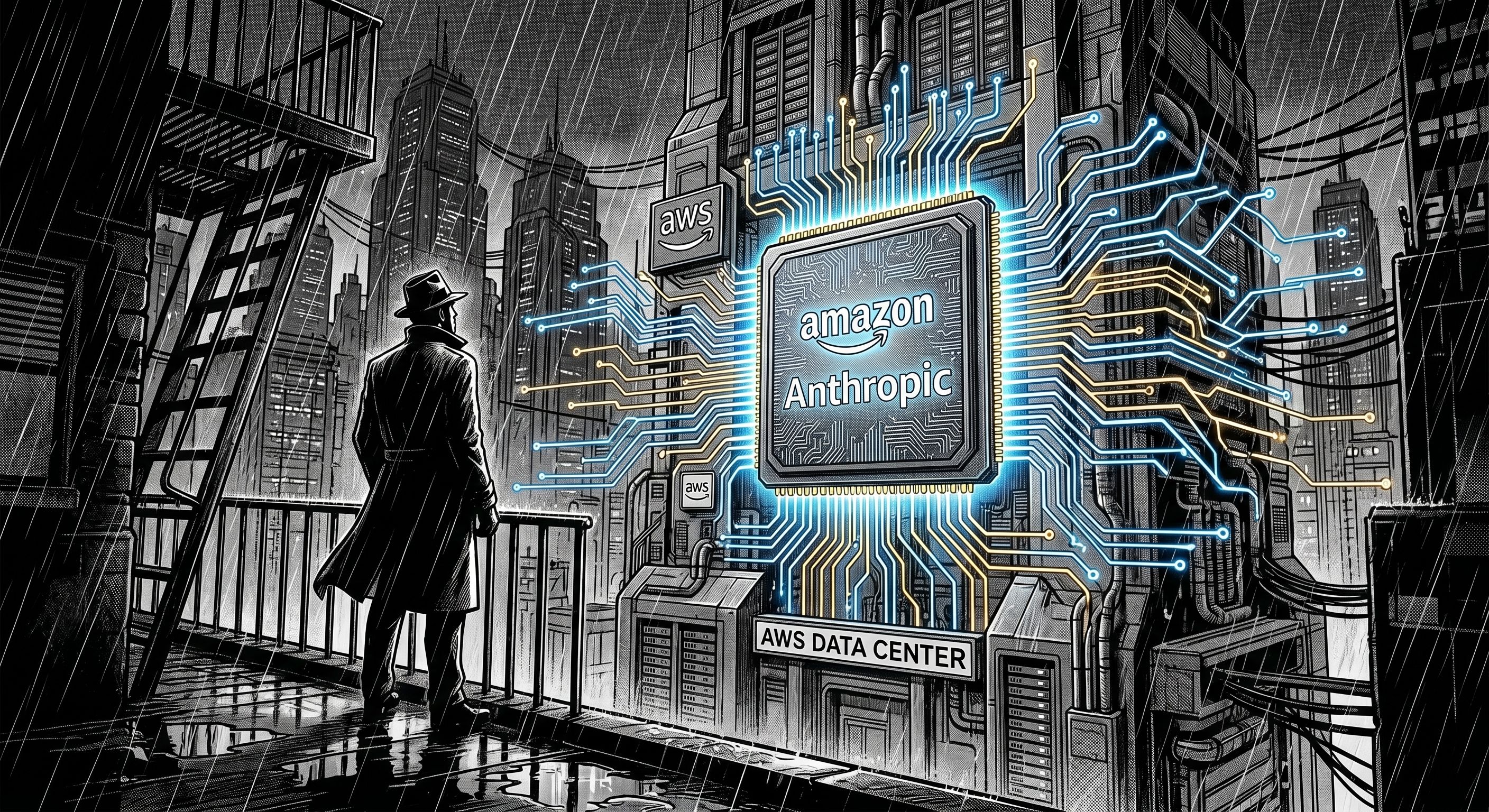 Illustration of an investigator in a trench coat gazing at a massive, glowing microchip etched with the Amazon and Anthropic logos. The chip powers a towering, futuristic AWS data center in a dark, rain-swept city, with glowing blue and gold circuits radiating outward.