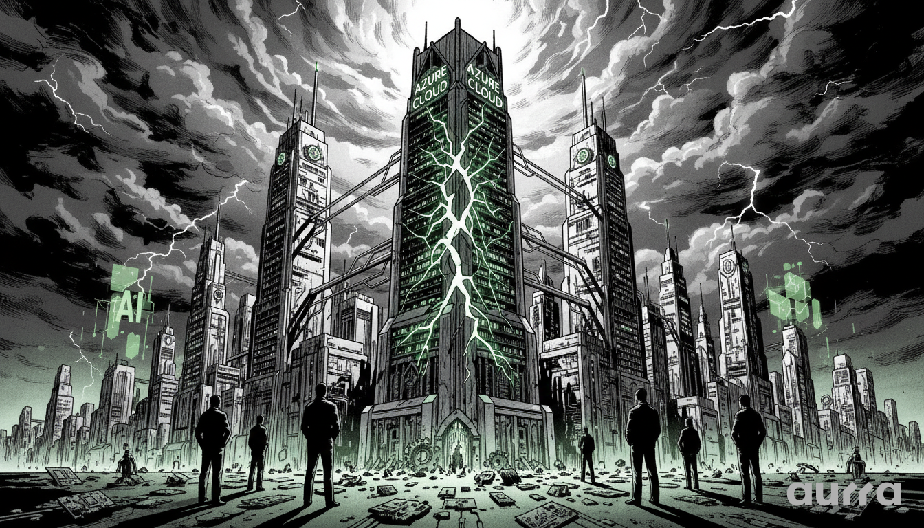 Noir-style illustration of massive skyscrapers labeled "AZURE CLOUD" being struck by chaotic green lightning, causing structural cracks in the digital facade, symbolizing the growth slowdown that triggered Microsoft's massive sell-off.