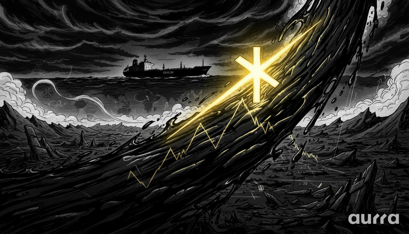 Noir-style illustration of a glowing golden cross riding a massive wave of black crude oil, with an oil tanker in the background, symbolizing the bullish technical pattern driving the oil market.