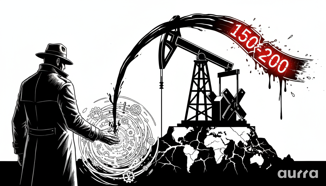 Illustration of an investor in a trench coat observing an oil derrick pumping crude oil that forms the numbers 150 to 200 above a world map.