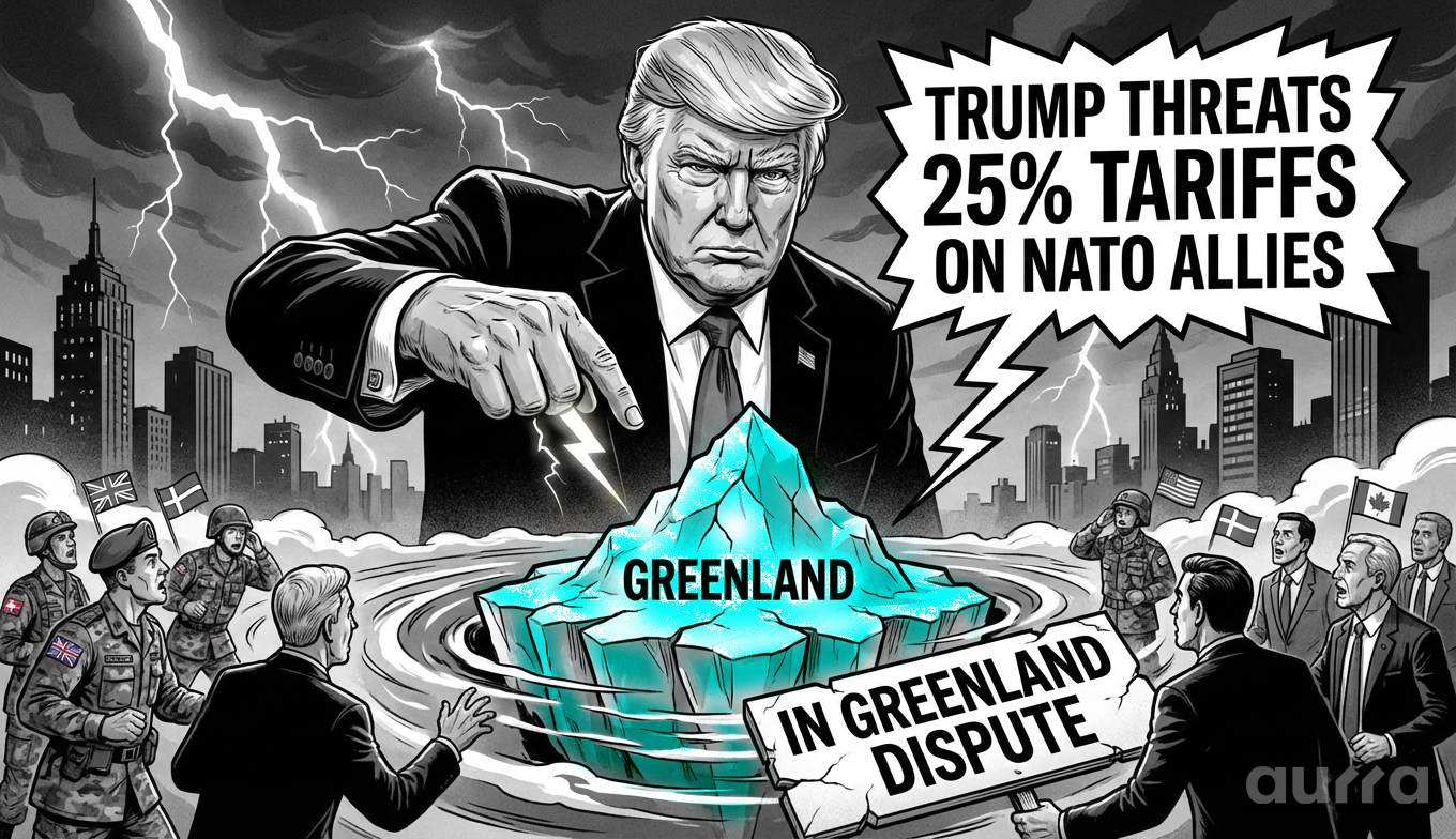 Noir-style illustration of a map of Greenland stamped with a red "FOR SALE" sign, overshadowed by a gavel labeled "25% TARIFFS" slamming down on a NATO flag.