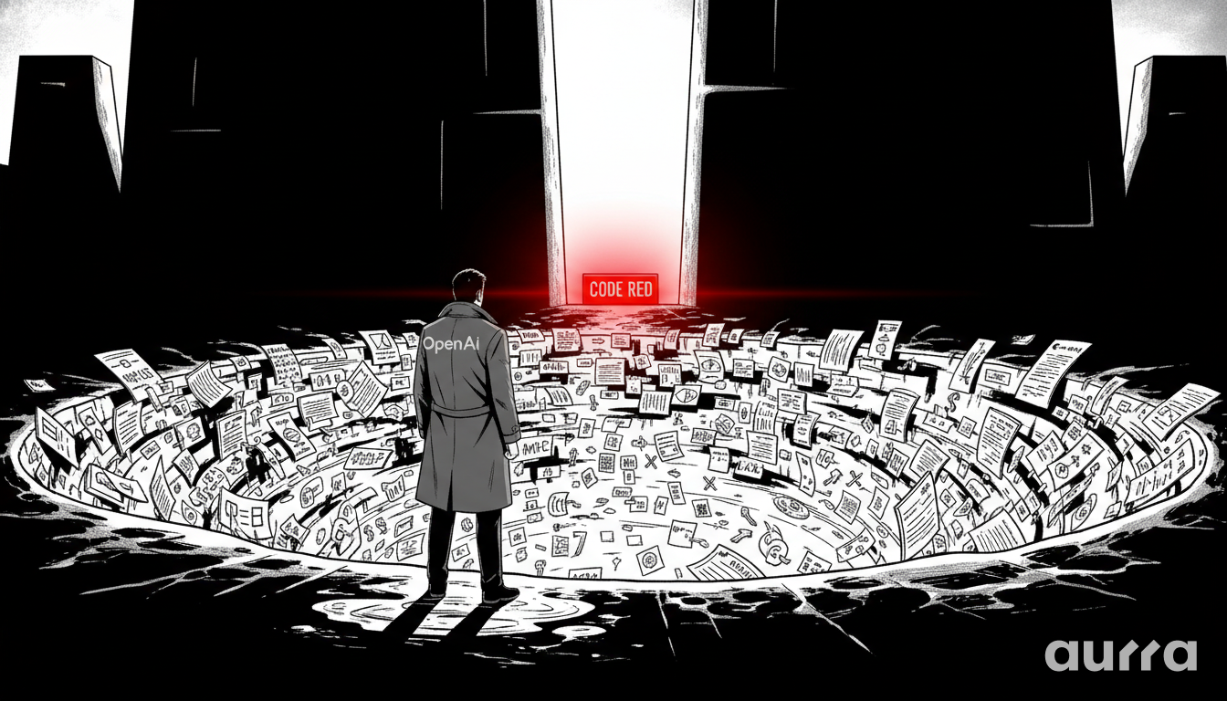 Noir illustration of a figure labeled "OpenAI" facing a glowing "CODE RED" door amidst a whirlpool of financial documents, symbolizing the funding crisis.