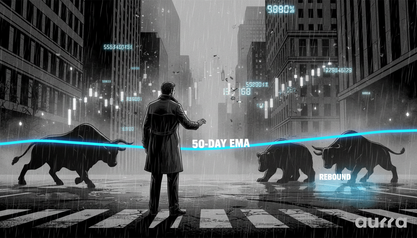 Noir illustration of a trader standing between bulls and bears with a glowing blue line labeled "50-Day EMA" amid market rain, representing technical resistance.