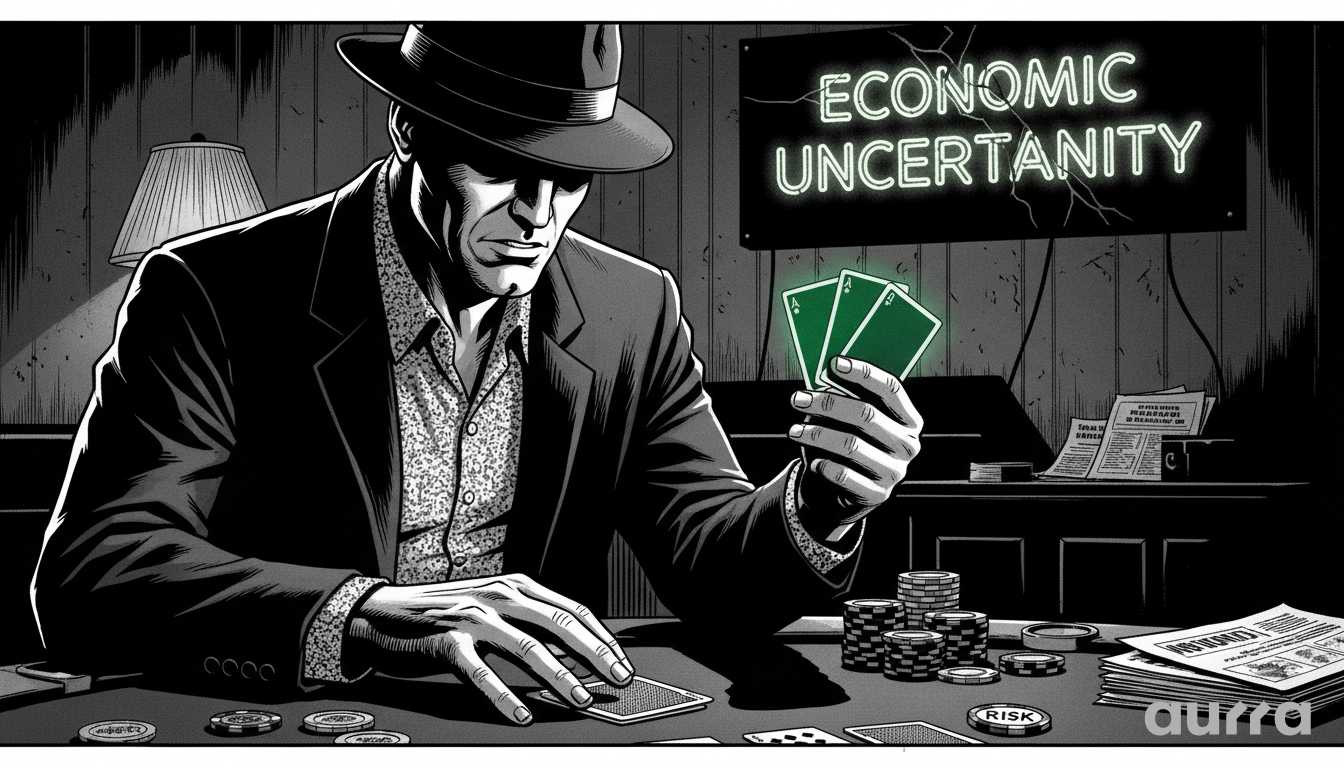 Noir illustration of a gambler holding aces under an "Economic Uncertainty" neon sign, symbolizing stock market risk management.