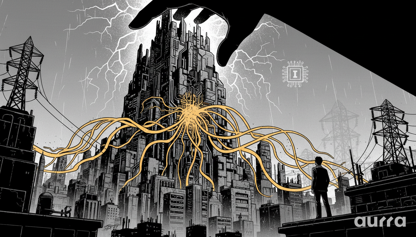 A giant hand reaching toward a high-tech data center tower amidst lightning and power lines, symbolizing Trump administration policy on tech infrastructure.