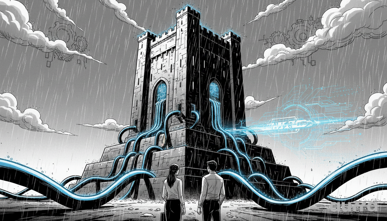 Illustration of a man and woman in business attire looking at a massive stone fortress in the rain. Thick glowing blue cables pour out of the archways, and a digital projection of tech circuits hovers on the right.