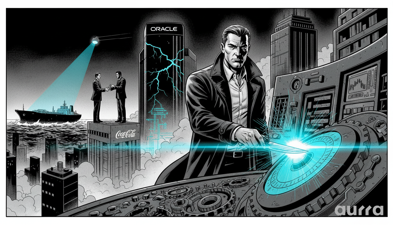 A man in a trench coat standing next to a control panel, with a ship and two men shaking hands on a platform above a Coca-Cola building, and an Oracle tower in the background, representing market forces.